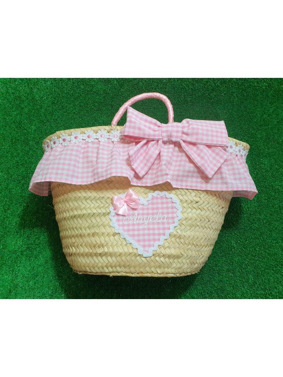 Cesta Vichy rosa bebé con blanco