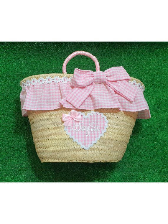 Cesta Vichy rosa bebé con blanco
