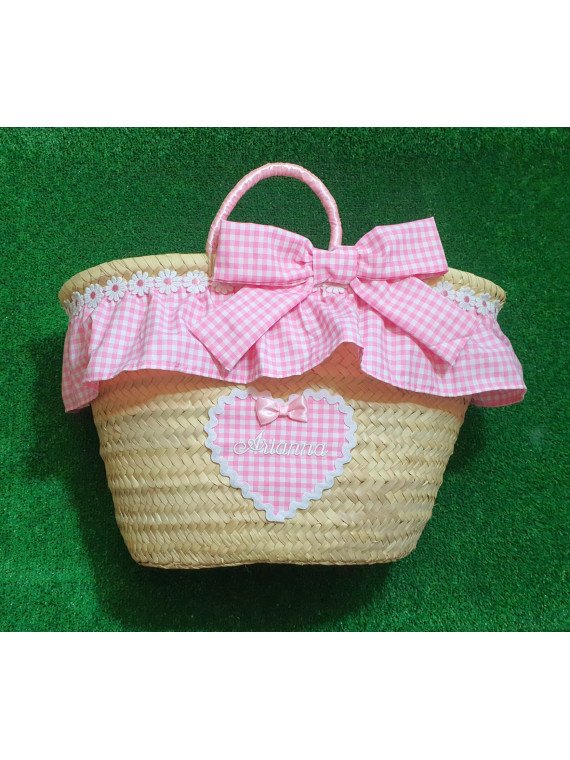 Cesta Vichy rosa bebé con blanco